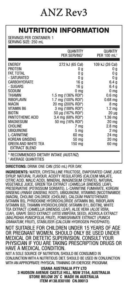 USANA ANZ Rev3 Can Supplement Facts