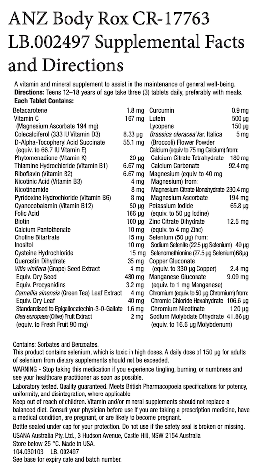 ANZ USANA Body Rox Supplement Facts