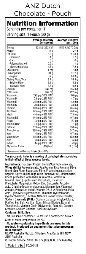 ANZ Chocolate Nutrimeal Supplement Facts
