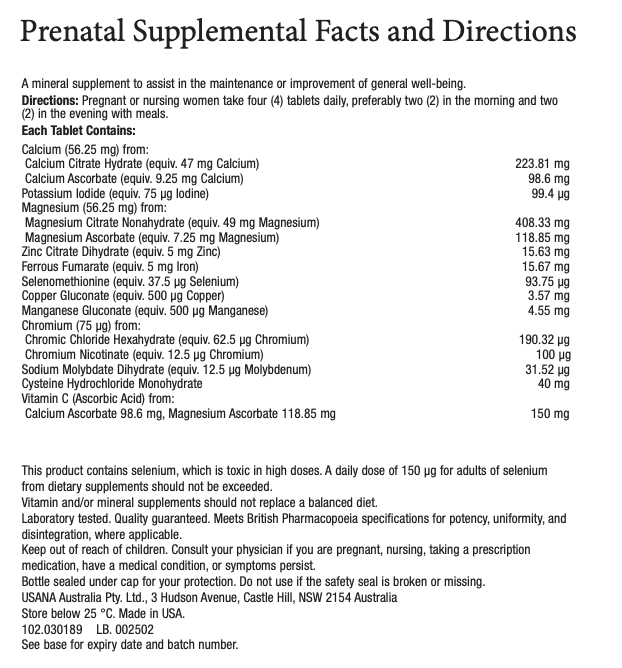 anz core minerals prenatals supplement facts