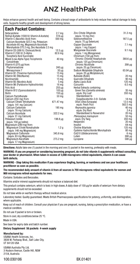 ANZ USANA Healthpak Supplement Facts