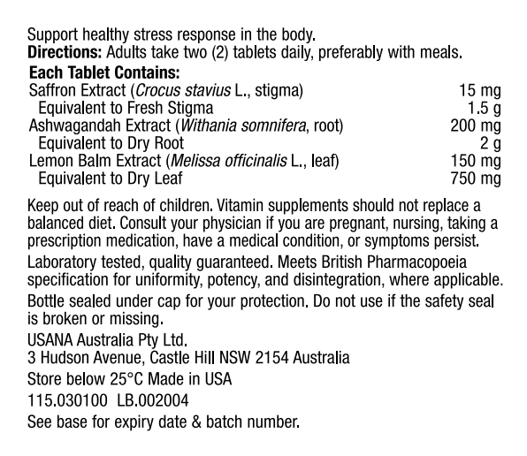 ANZ USANA Stress Relief Supplement Facts