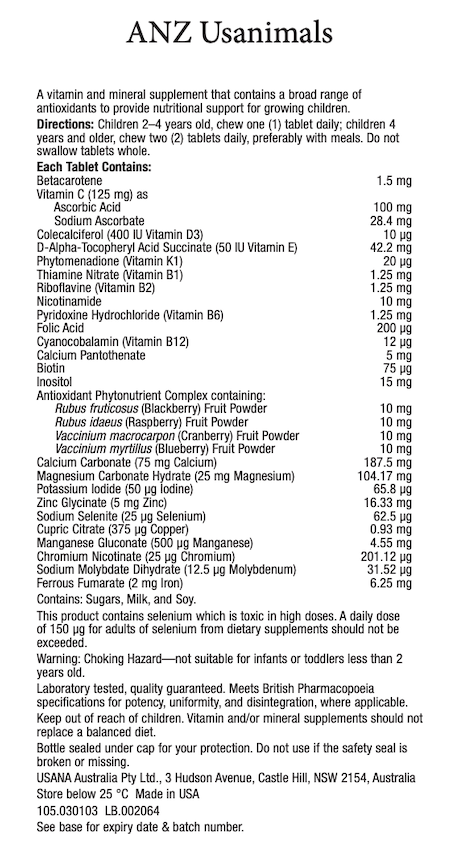 ANZ USANA Usanimals Supplement Facts