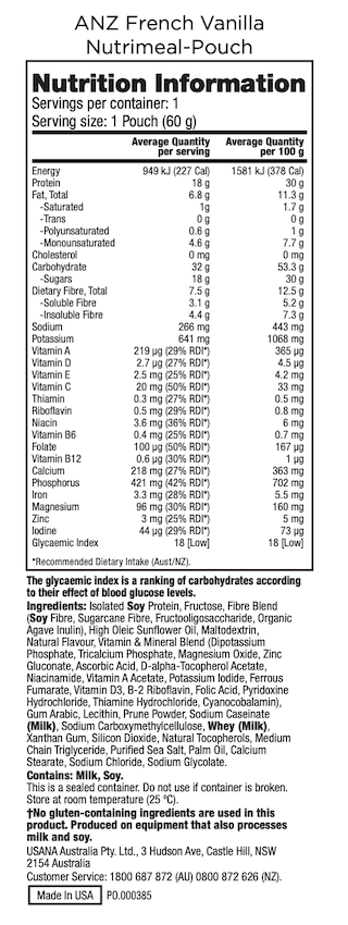 ANZ USANA Vanilla Nutrimeal Supplement Facts