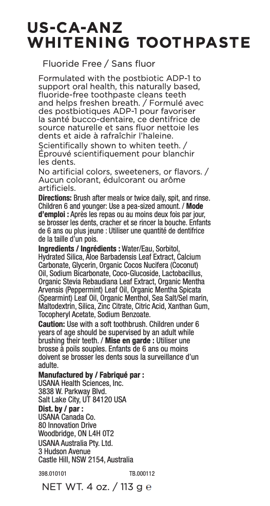 Whitening Toothpaste USANA ANZ Supplement Facts