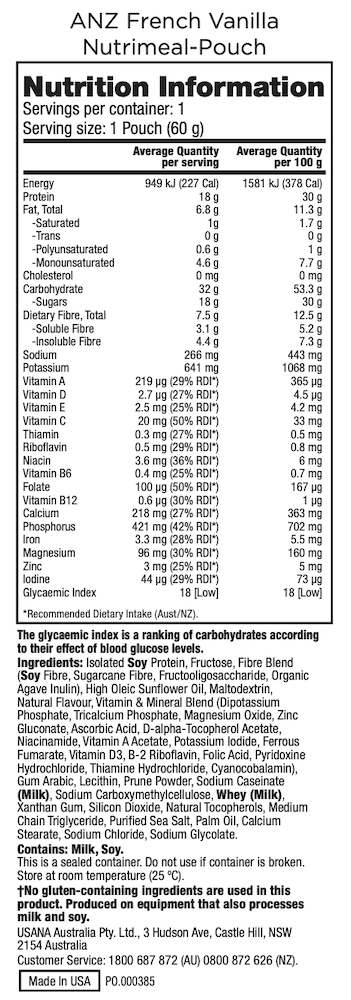 usana 28 French Vanilla Nutrimeal anz supplement facts